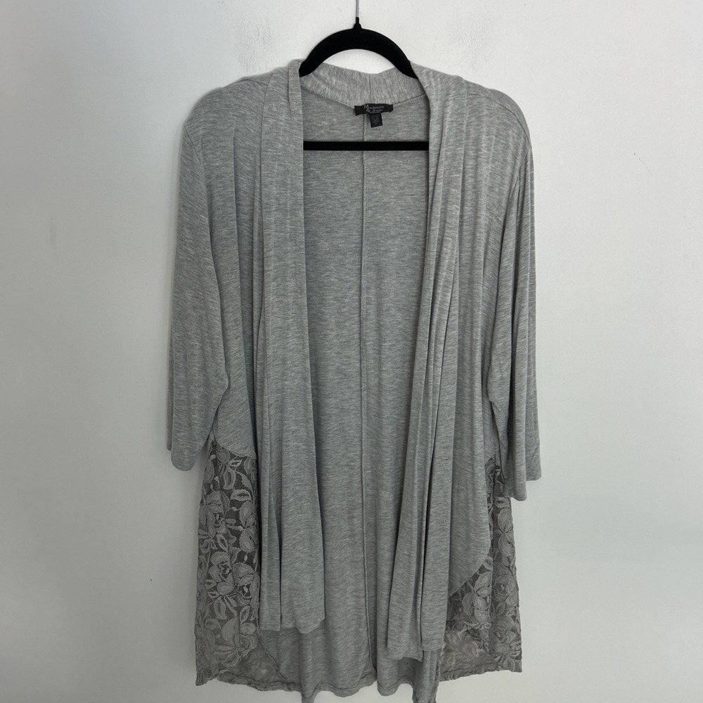 Mckenzie & James Women's 2X Open Front Soft Gray Cardigan 3/4 Sleeve Lace Trim